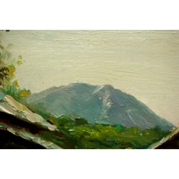 QUADRO DIPINTO OLIO TAVOLA PAESAGGIO di MONTAGNA ALPI BAITA RIFUGIO STRADA 1969