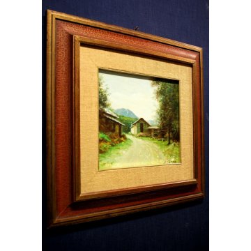 QUADRO DIPINTO OLIO TAVOLA PAESAGGIO di MONTAGNA ALPI BAITA RIFUGIO STRADA 1969