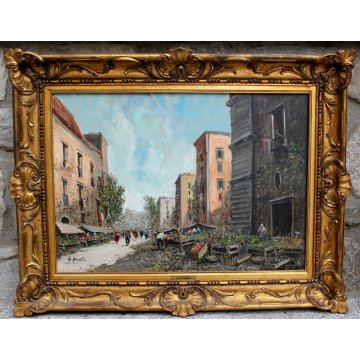 GRANDE QUADRO OLIO TELA Giulio Apicella PAESAGGIO MERCATO FRUTTA VERDURA PAESE 