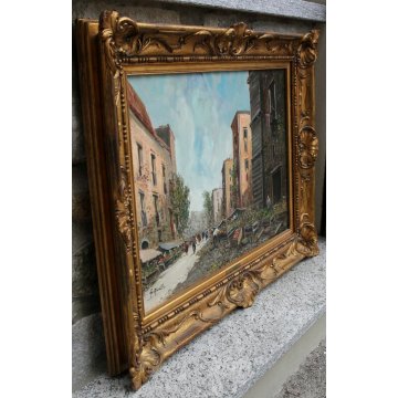 GRANDE QUADRO OLIO TELA Giulio Apicella PAESAGGIO MERCATO FRUTTA VERDURA PAESE 