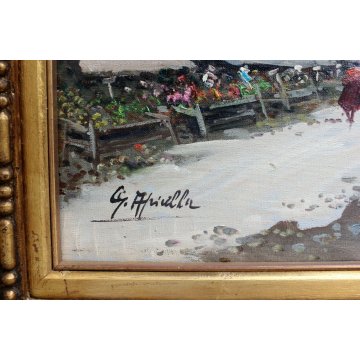 GRANDE QUADRO OLIO TELA Giulio Apicella PAESAGGIO MERCATO FRUTTA VERDURA PAESE 