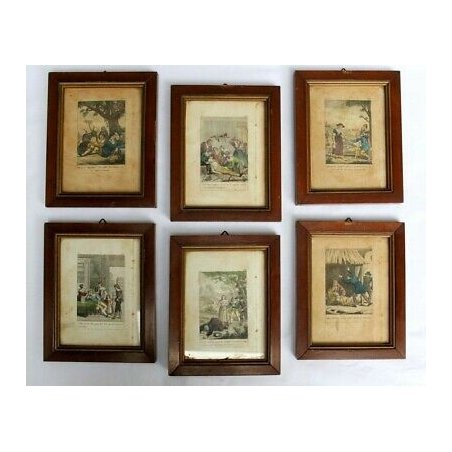 Lotto 6 Cornici ANTICHE PICCOLE STAMPE ACQUERELLATE 17x13,5 LIBRI META'800 