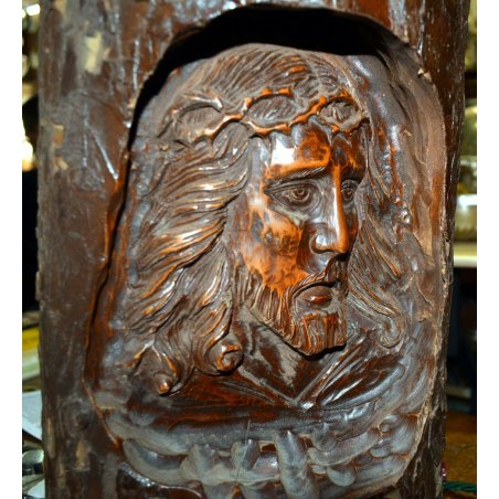 ANTICA SCULTURA CRISTO GESU LEGNO TRONCO CORTECCIA SCOLPITA EPOCA CHIESA INRI 