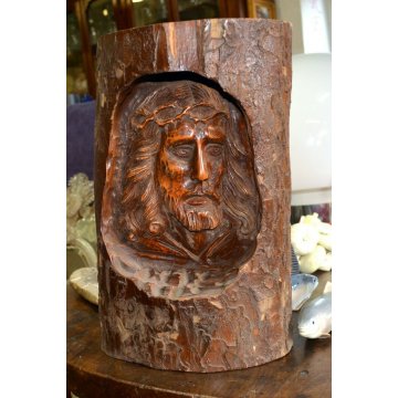 ANTICA SCULTURA CRISTO GESU LEGNO TRONCO CORTECCIA SCOLPITA EPOCA CHIESA INRI 