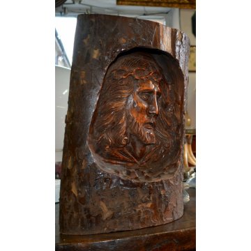 ANTICA SCULTURA CRISTO GESU LEGNO TRONCO CORTECCIA SCOLPITA EPOCA CHIESA INRI 