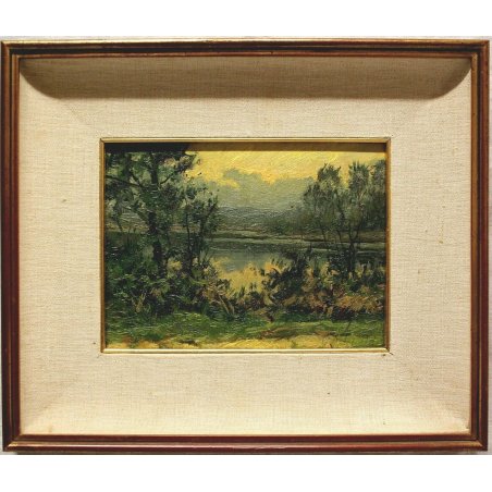 QUADRO DIPINTO OLIO TAVOLA Artino Giroldi PAESAGGIO BRUGHIERA CREPUSCOLO '900