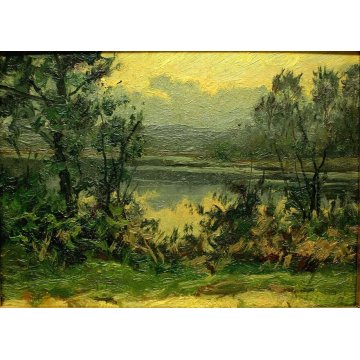 QUADRO DIPINTO OLIO TAVOLA Artino Giroldi PAESAGGIO BRUGHIERA CREPUSCOLO '900