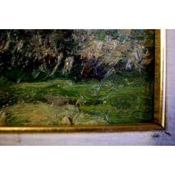 QUADRO DIPINTO OLIO TAVOLA Artino Giroldi PAESAGGIO BRUGHIERA CREPUSCOLO '900