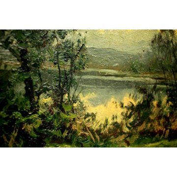 QUADRO DIPINTO OLIO TAVOLA Artino Giroldi PAESAGGIO BRUGHIERA CREPUSCOLO '900