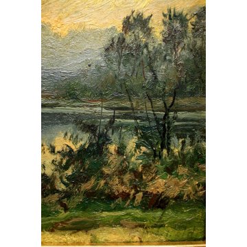 QUADRO DIPINTO OLIO TAVOLA Artino Giroldi PAESAGGIO BRUGHIERA CREPUSCOLO '900