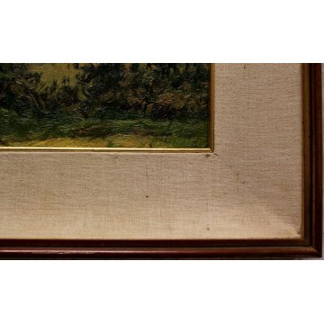 QUADRO DIPINTO OLIO TAVOLA Artino Giroldi PAESAGGIO BRUGHIERA CREPUSCOLO '900