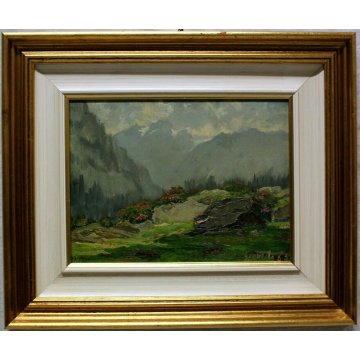 QUADRO DIPINTO OLIO TAVOLA Artino Giroldi PAESAGGIO MONTAGNA ALPI NEVE FIORI '63