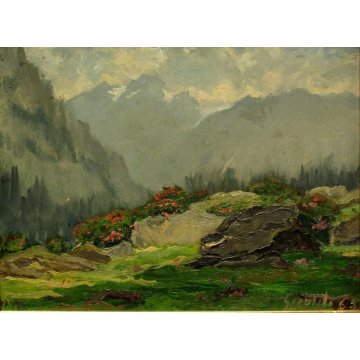 QUADRO DIPINTO OLIO TAVOLA Artino Giroldi PAESAGGIO MONTAGNA ALPI NEVE FIORI '63