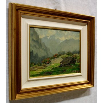 QUADRO DIPINTO OLIO TAVOLA Artino Giroldi PAESAGGIO MONTAGNA ALPI NEVE FIORI '63