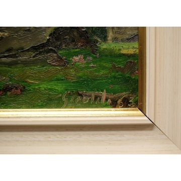 QUADRO DIPINTO OLIO TAVOLA Artino Giroldi PAESAGGIO MONTAGNA ALPI NEVE FIORI '63