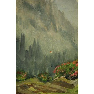 QUADRO DIPINTO OLIO TAVOLA Artino Giroldi PAESAGGIO MONTAGNA ALPI NEVE FIORI '63