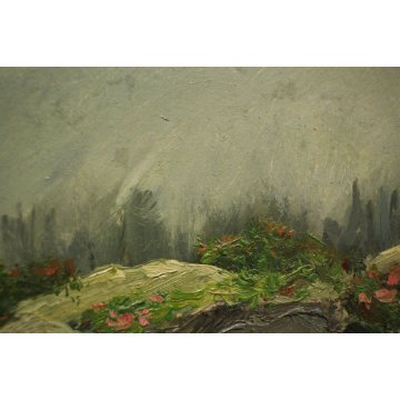 QUADRO DIPINTO OLIO TAVOLA Artino Giroldi PAESAGGIO MONTAGNA ALPI NEVE FIORI '63