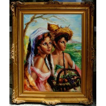 QUADRO OLIO TELA PAESAGGIO CONTADINE CESTO FRUTTA  PAESE 