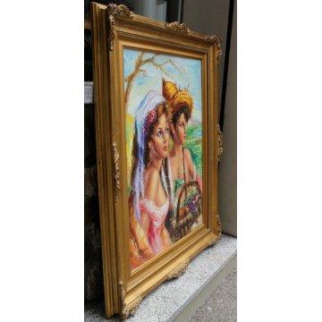 QUADRO OLIO TELA PAESAGGIO CONTADINE CESTO FRUTTA  PAESE 