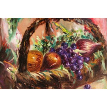 QUADRO OLIO TELA PAESAGGIO CONTADINE CESTO FRUTTA  PAESE 