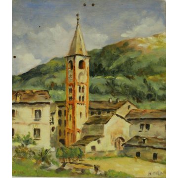 ANTICO PICCOLO DIPINTO OLIO TAVOLA Maria PAESAGGIO CAMPANILE BORGO COLLINA '900 