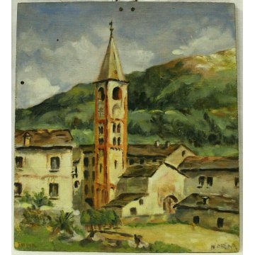 ANTICO PICCOLO DIPINTO OLIO TAVOLA Maria PAESAGGIO CAMPANILE BORGO COLLINA '900 