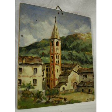 ANTICO PICCOLO DIPINTO OLIO TAVOLA Maria PAESAGGIO CAMPANILE BORGO COLLINA '900 