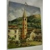 ANTICO PICCOLO DIPINTO OLIO TAVOLA Maria PAESAGGIO CAMPANILE BORGO COLLINA '900 