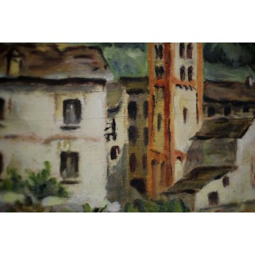 ANTICO PICCOLO DIPINTO OLIO TAVOLA Maria PAESAGGIO CAMPANILE BORGO COLLINA '900 