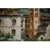 ANTICO PICCOLO DIPINTO OLIO TAVOLA Maria PAESAGGIO CAMPANILE BORGO COLLINA '900 