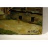 ANTICO PICCOLO DIPINTO OLIO TAVOLA Maria PAESAGGIO CAMPANILE BORGO COLLINA '900 