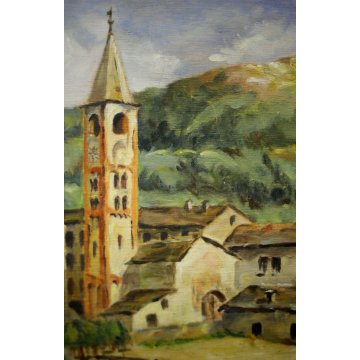 ANTICO PICCOLO DIPINTO OLIO TAVOLA Maria PAESAGGIO CAMPANILE BORGO COLLINA '900 