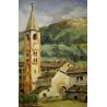 ANTICO PICCOLO DIPINTO OLIO TAVOLA Maria PAESAGGIO CAMPANILE BORGO COLLINA '900 