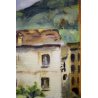 ANTICO PICCOLO DIPINTO OLIO TAVOLA Maria PAESAGGIO CAMPANILE BORGO COLLINA '900 