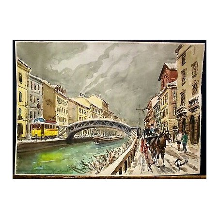 DIPINTO Antonello Zecca ACQUERELLO PAESAGGIO VECCHIA MILANO NEVE NAVIGLIO TRAM