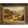 ANTICO GRANDE DIPINTO OLIO TELA Bertone (?) PAESAGGIO RURALE PONTE CAMPAGNA 1946