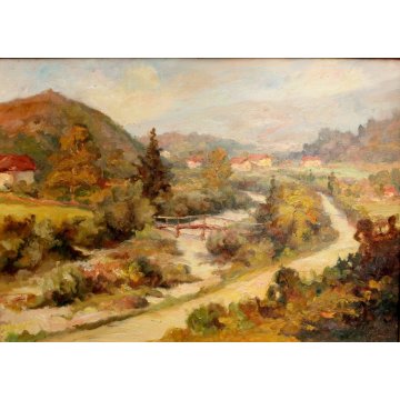 ANTICO GRANDE DIPINTO OLIO TELA Bertone (?) PAESAGGIO RURALE PONTE CAMPAGNA 1946