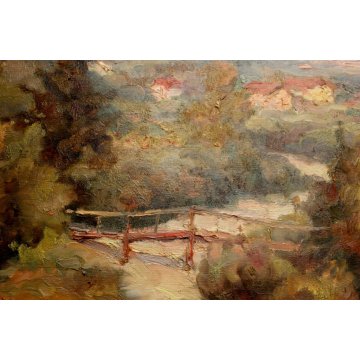 ANTICO GRANDE DIPINTO OLIO TELA Bertone (?) PAESAGGIO RURALE PONTE CAMPAGNA 1946