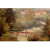 ANTICO GRANDE DIPINTO OLIO TELA Bertone (?) PAESAGGIO RURALE PONTE CAMPAGNA 1946