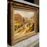 ANTICO GRANDE DIPINTO OLIO TELA Bertone (?) PAESAGGIO RURALE PONTE CAMPAGNA 1946