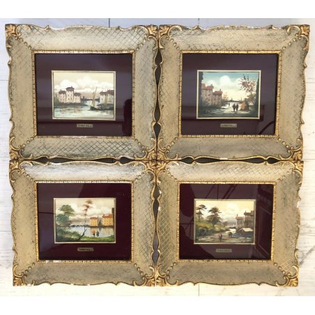 ANTICO SET DI 4 QUADRETTI FIRMATI E. MARTINELLI QUADRO PAESAGGIO LAGO CASE EPOCA