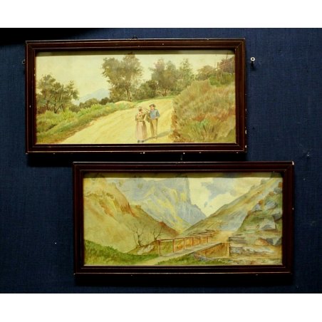 COPPIA DI ANTICHI ACQUERELLI ANNI 1920/30 PAESAGGIO MONTANO CERVINO CONTADINI