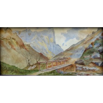 COPPIA DI ANTICHI ACQUERELLI ANNI 1920/30 PAESAGGIO MONTANO CERVINO CONTADINI