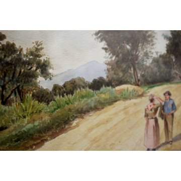 COPPIA DI ANTICHI ACQUERELLI ANNI 1920/30 PAESAGGIO MONTANO CERVINO CONTADINI