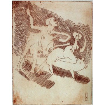 QUADRO ANTICA LITOGRAFIA DISEGNO CHINA Pal 72 NUDO UOMO DONNA MAIALE TORO 