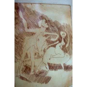 QUADRO ANTICA LITOGRAFIA DISEGNO CHINA Pal 72 NUDO UOMO DONNA MAIALE TORO 