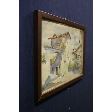 ANTICO QUADRO ACQUERELLO Carlo Bini  Fine 800 CORTILE CASALI PAESAGGIO CAMPAGNA 