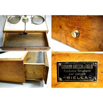 ANTICA BILANCIA  PORTATA 200gr LEGNO MARMO BIANCO PIATTI PUNZONATI CASSETTO '30 