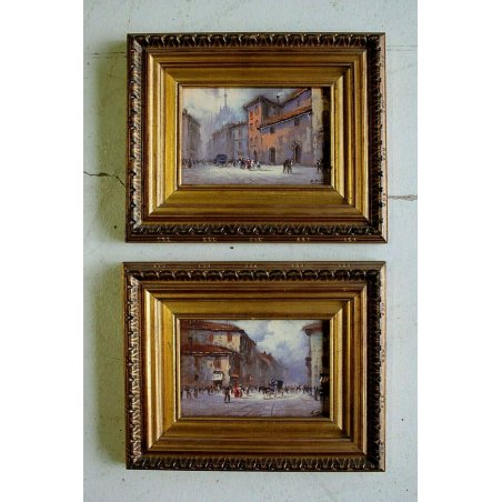 COPPIA PICCOLI QUADRI OLIO A. Galatan MINIATURA VEDUTA MILANO ANTICA CARROZZA 