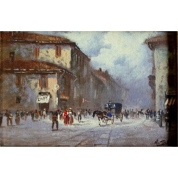 COPPIA PICCOLI QUADRI OLIO A. Galatan MINIATURA VEDUTA MILANO ANTICA CARROZZA 